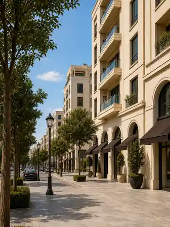 شارع واسع تصطفّ عليه مبانٍ حجرية متوسطة الارتفاع بواجهات مظلّلة وأشجار وارفة