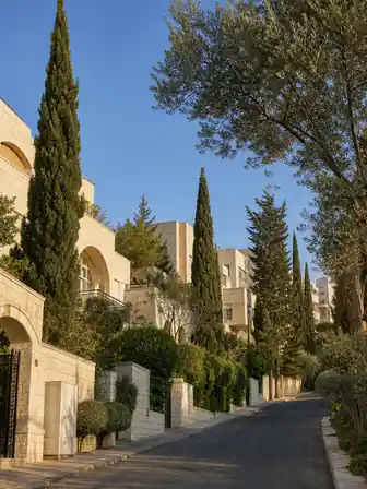 شارع هادئ منحدر تصطفّ عليه فلل حجرية خلف أسوار حدائق حجرية، مع أشجار سرو وزيتون