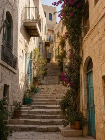 درج حجري ضيّق يصعد بين بيوت حجرية قديمة ذات شرفات حديدية وأزهار جهنمية