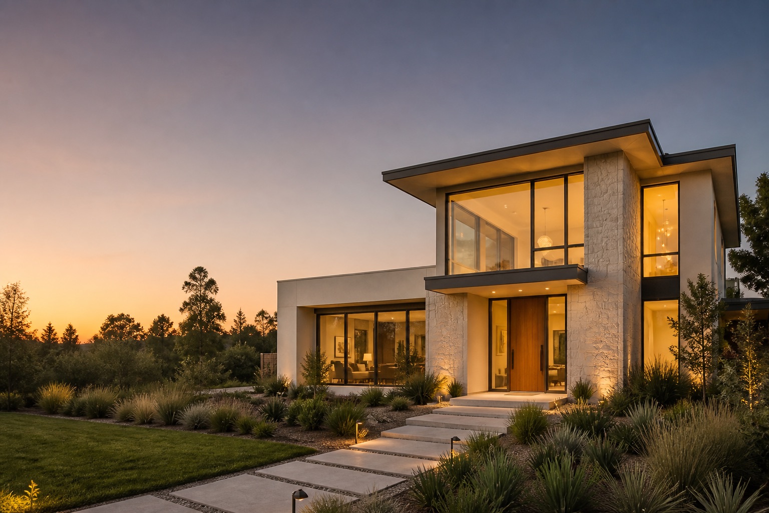 A contemporary home with warm interior lighting and a landscaped garden